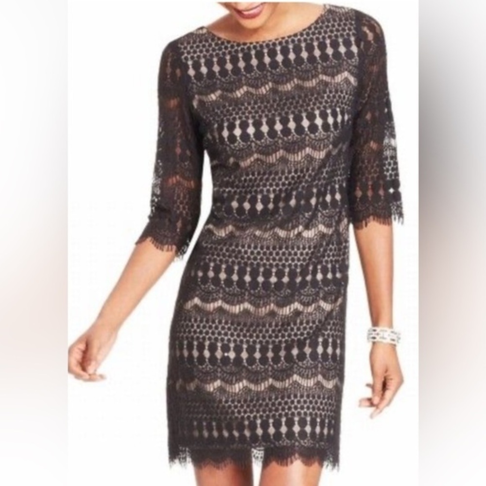Jessica Howard Black & Cream Lace Scoop Neck Shift Dress Size 12